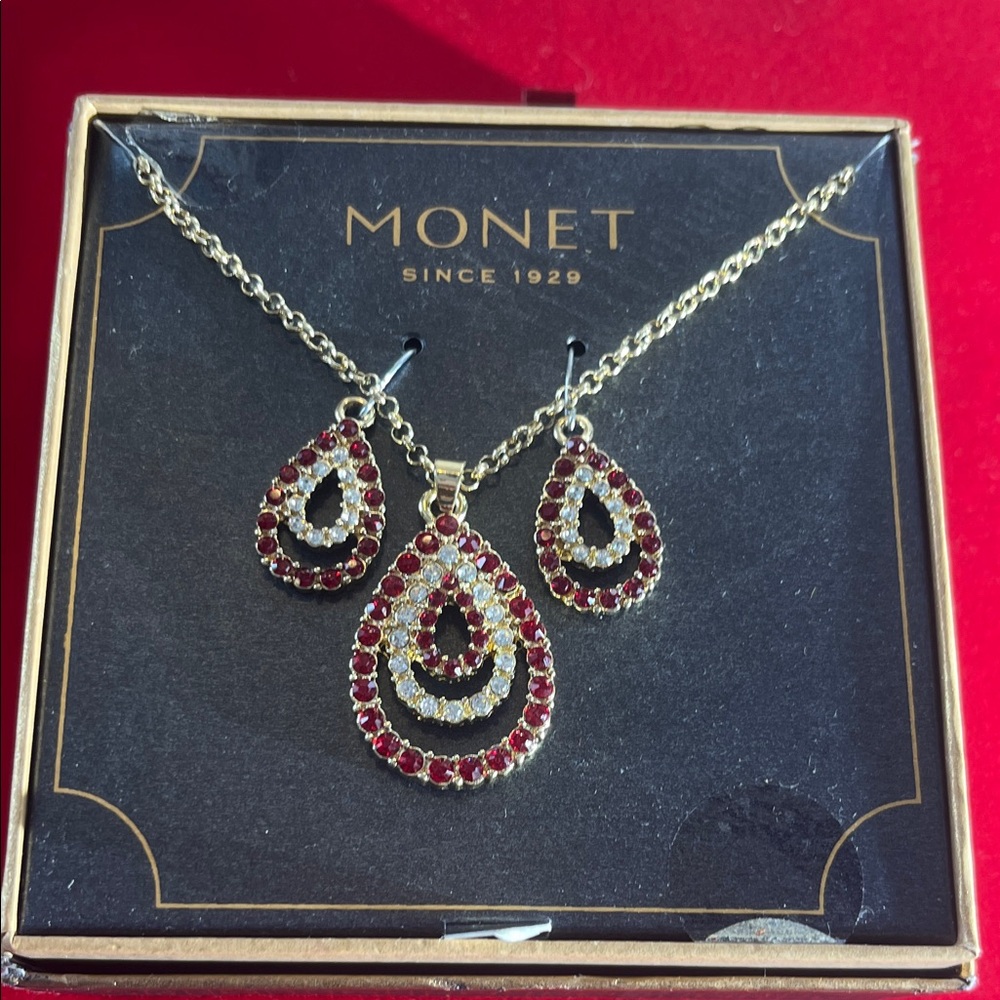 Monet Gold Tone Necklace with Red and White Teardrop Earrings